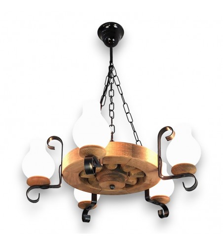 Lustra tip roata din lemn masiv 5 becuri - model rustic 30 cm finisaj antic | EX-00005