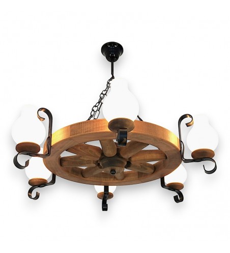 Lustra tip roata din lemn masiv 6 becuri - model rustic 50 cm finisaj antic | EX-00109