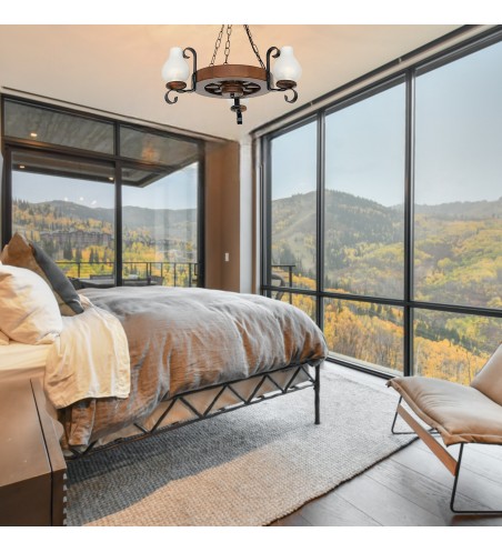 Lustra tip roata din lemn masiv 3 becuri - model rustic 30 cm finisaj nuc | EX-00307